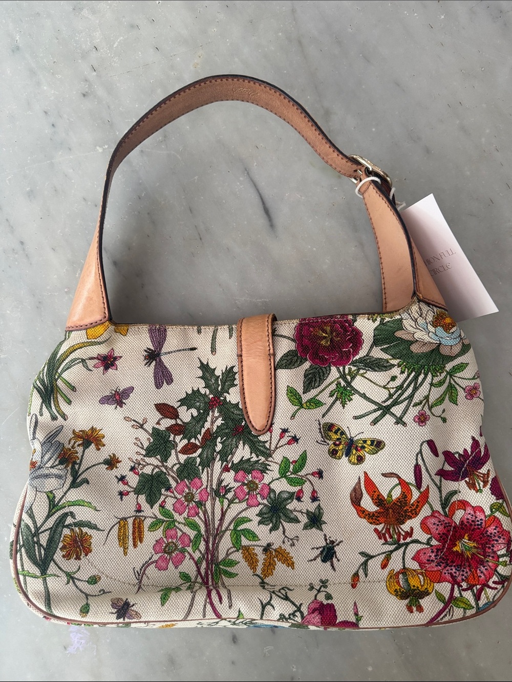 Vintage Gucci Floral Canvas Shoulder Bag with Tan Leather Trim - Picture 7 of 11